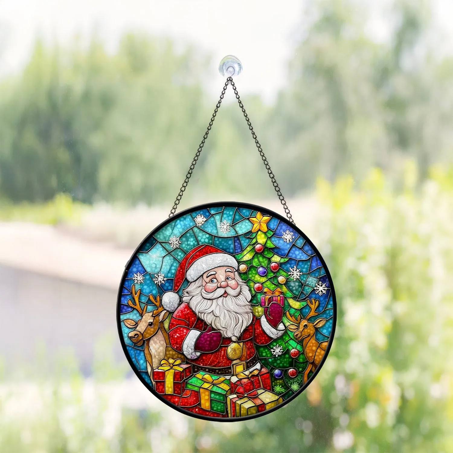 Teesdily | Christmas Santa Claus Stained Glass Round Window Hanging, Christmas Tree Printed Wall Decor, Xmas Home Decor, Suncatcher Christmas Gift