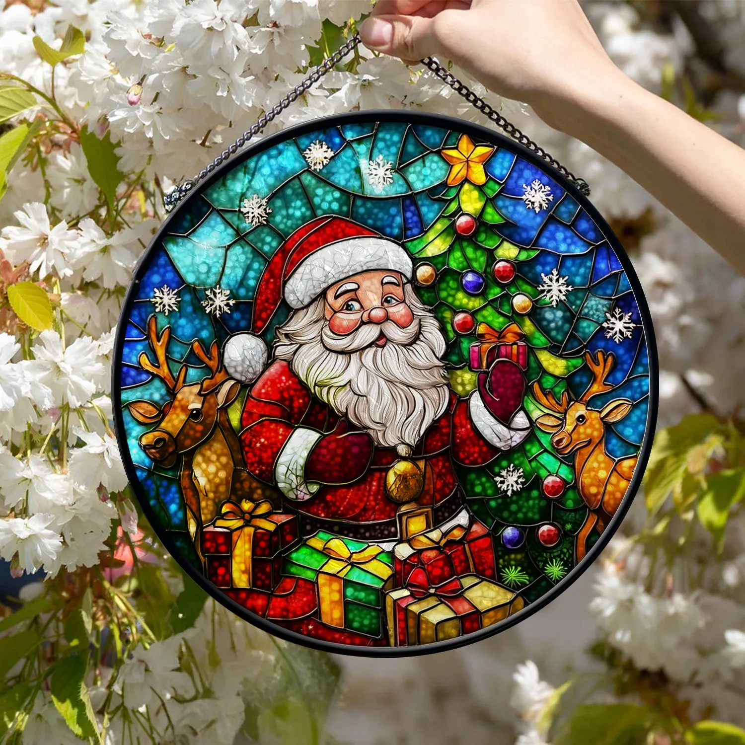 Teesdily | Christmas Santa Claus Stained Glass Round Window Hanging, Christmas Tree Printed Wall Decor, Xmas Home Decor, Suncatcher Christmas Gift