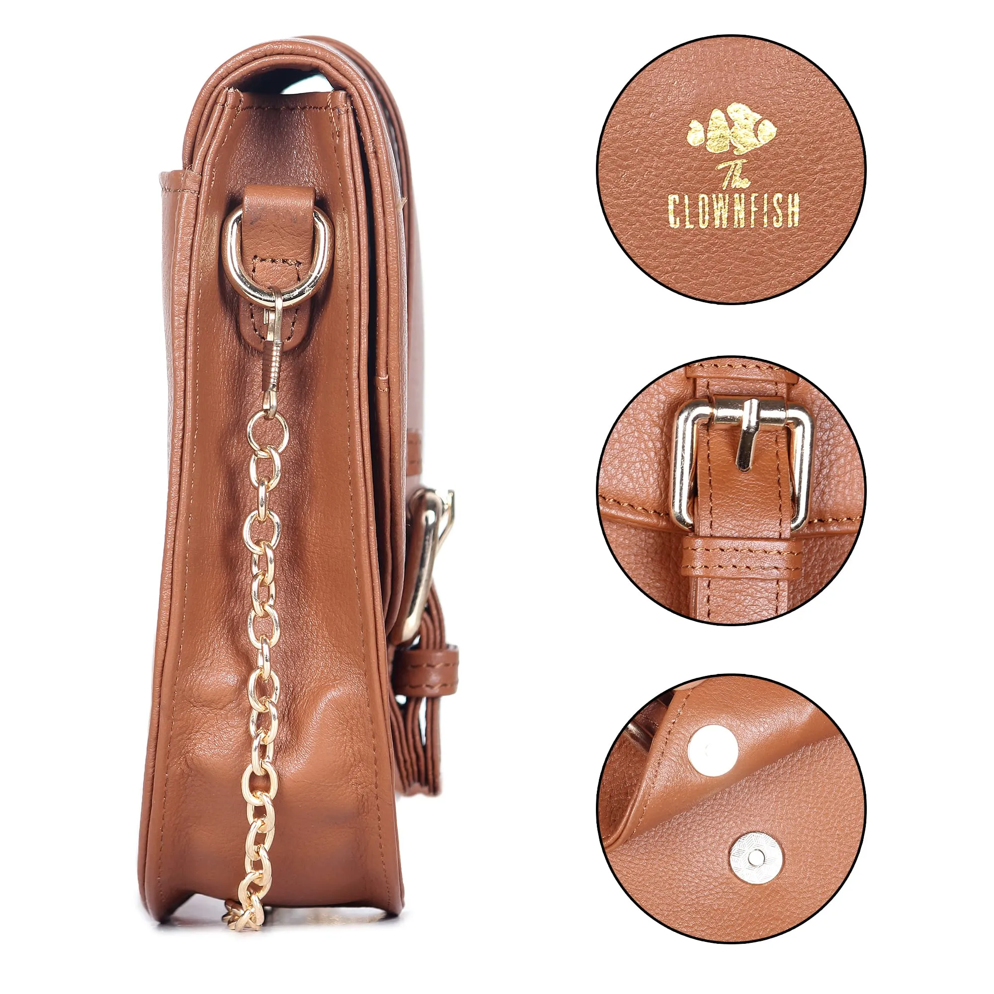 THE CLOWNFISH Adah Genuine Leather Crossbody Sling bag for Women Casual Party Bag Purse with Chain Strap for Ladies College Girls (Tan)