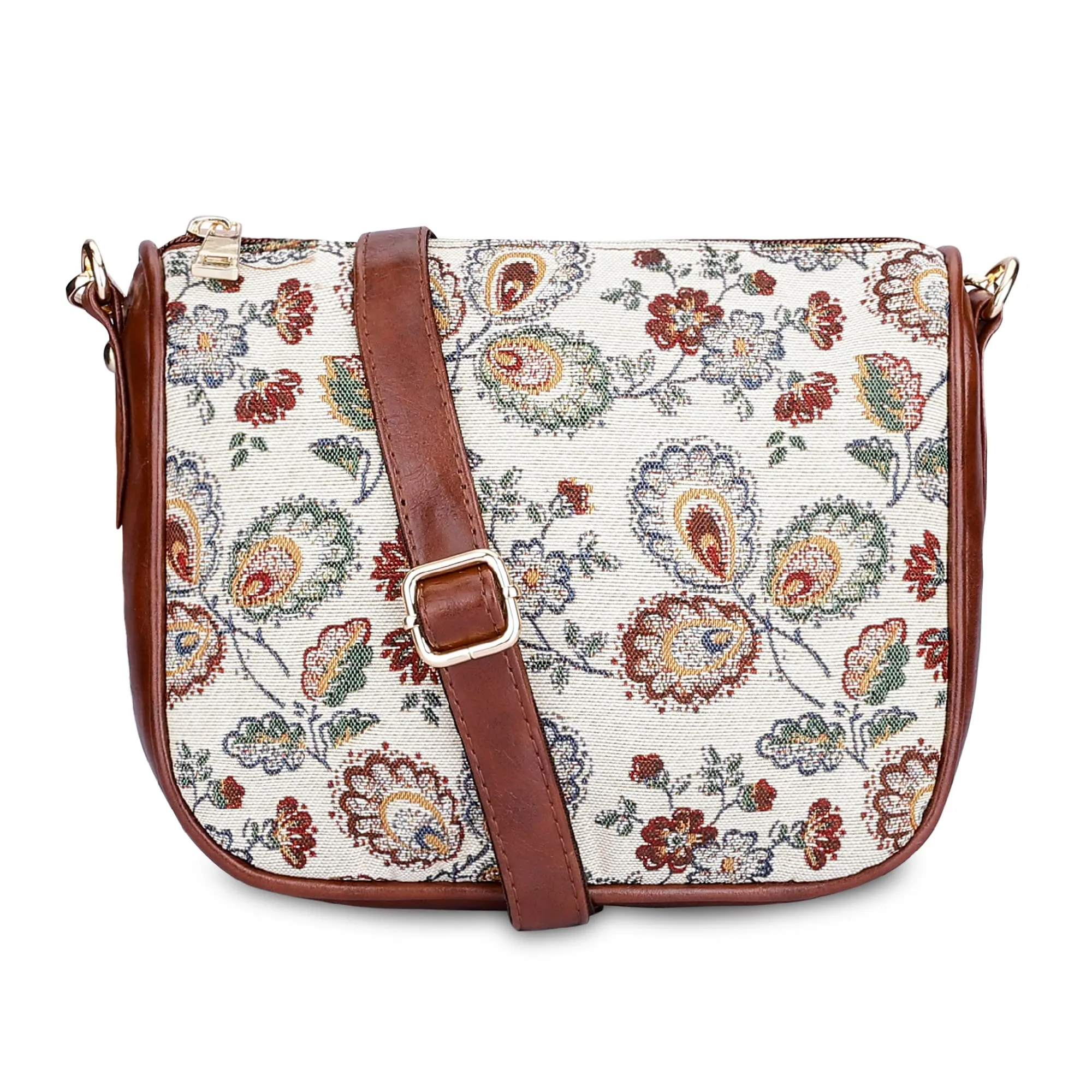 THE CLOWNFISH Garnet Series Tapestry Fabric Crossbody Sling Bag for Women Ladies Single Shoulder Bag Shoulder Belt (Dark Brown-Floral)