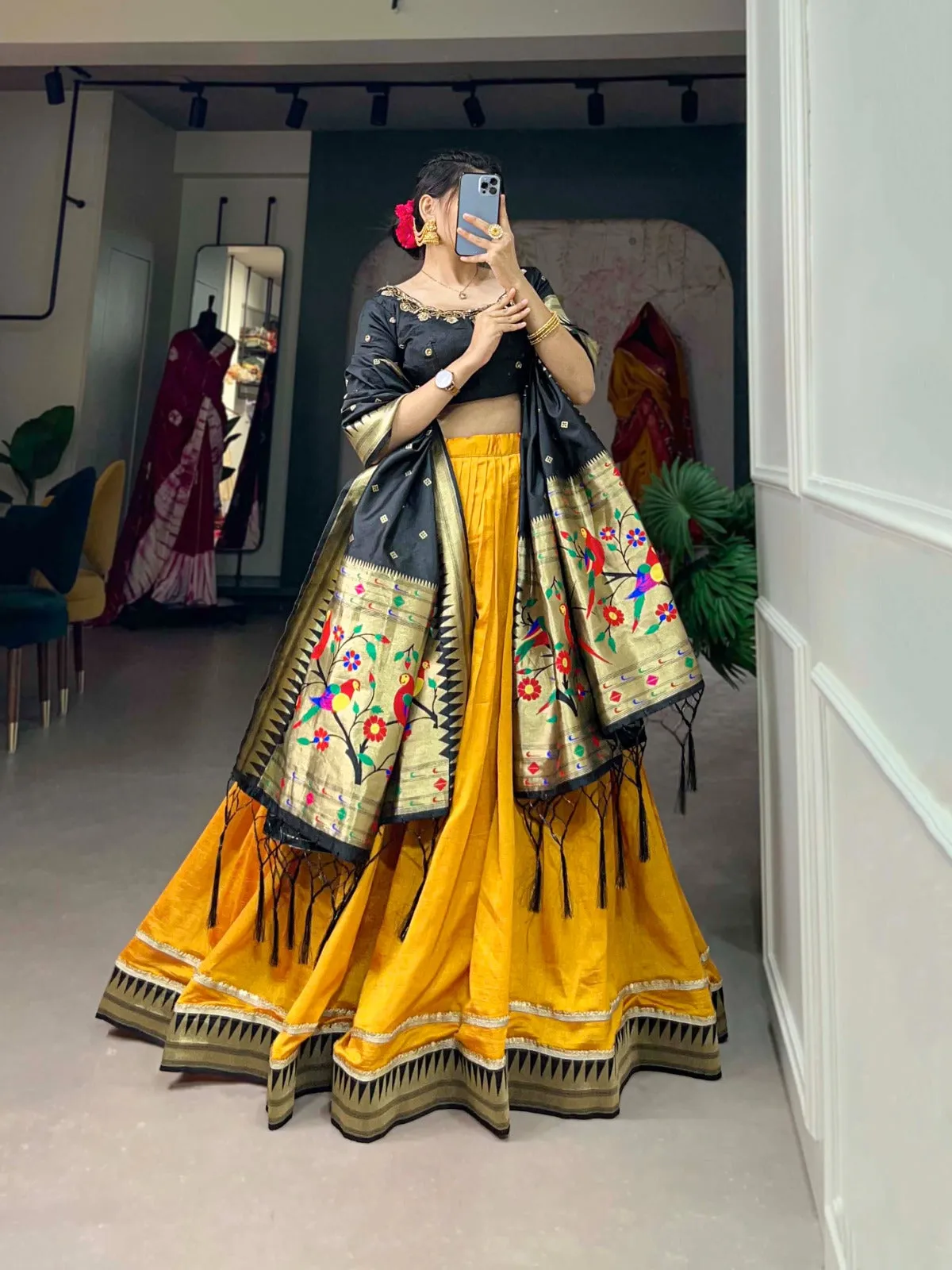 Vichitra Silk Mustard Lehenga Choli Set with Paithani Lace