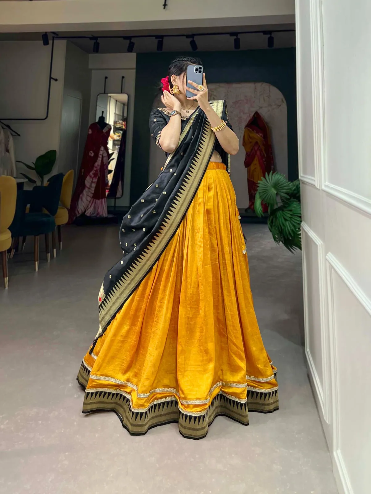 Vichitra Silk Mustard Lehenga Choli Set with Paithani Lace