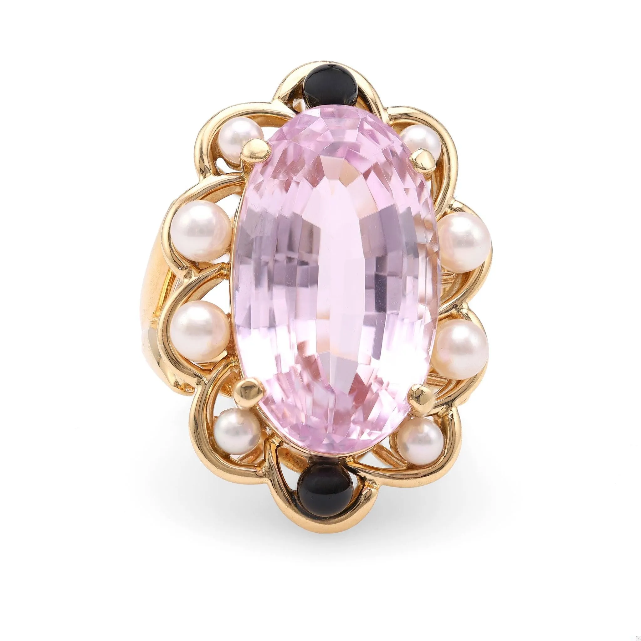 Vintage Kunzite Pearl Onyx 18k Yellow Gold Cocktail Ring