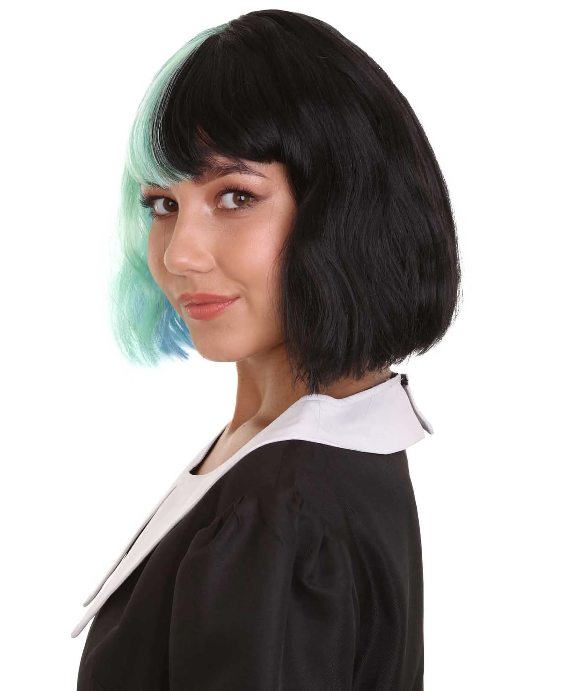 Women's Shoulder Length Contrasting Two Tone Artist Wig - Soft Mint Green and Jet Black Hair - Capless Cap Design