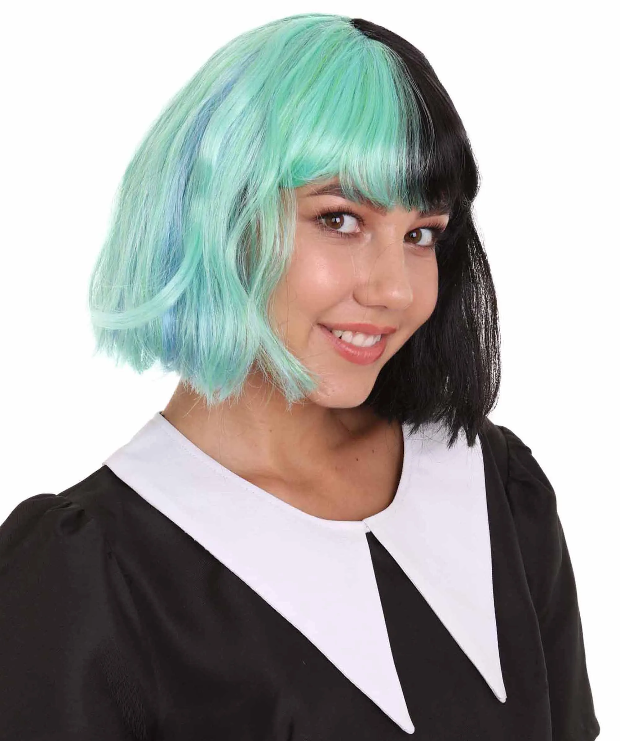 Women's Shoulder Length Contrasting Two Tone Artist Wig - Soft Mint Green and Jet Black Hair - Capless Cap Design