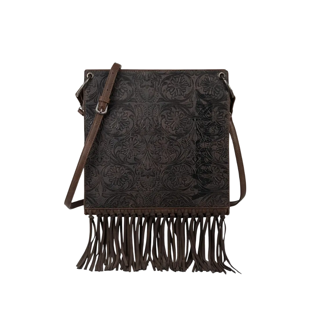 Wrangler Women's Floral Embossed Fringe Concealed Carry Hobo Coffee Crossbody