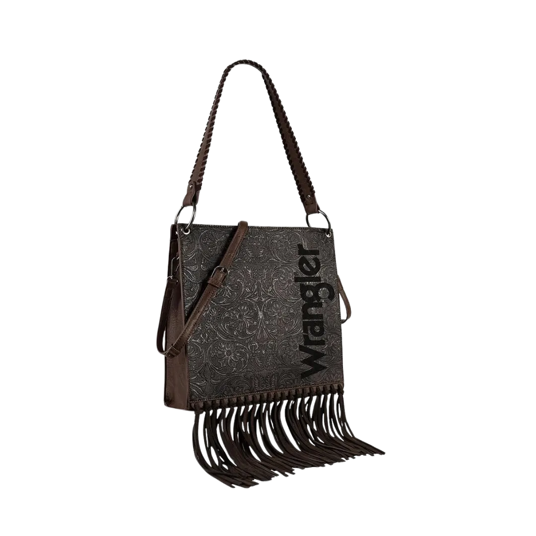 Wrangler Women's Floral Embossed Fringe Concealed Carry Hobo Coffee Crossbody