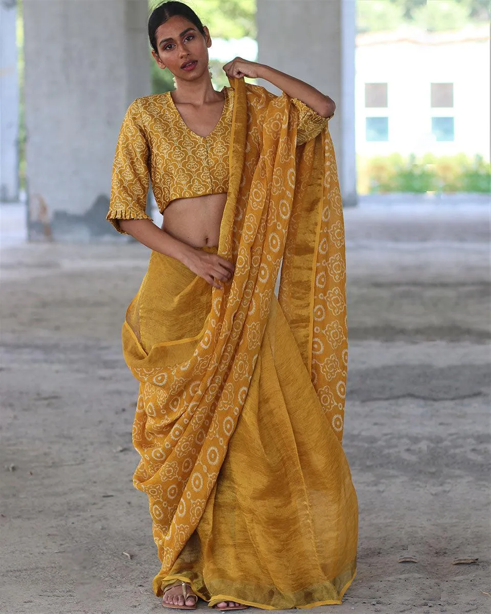 Yellow Block Printed Handwoven Linen Zari Saree - Anant