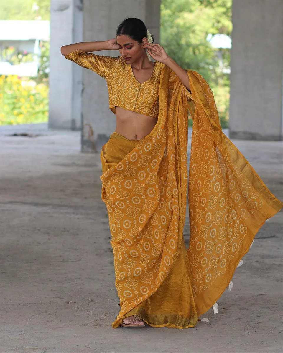 Yellow Block Printed Handwoven Linen Zari Saree - Anant