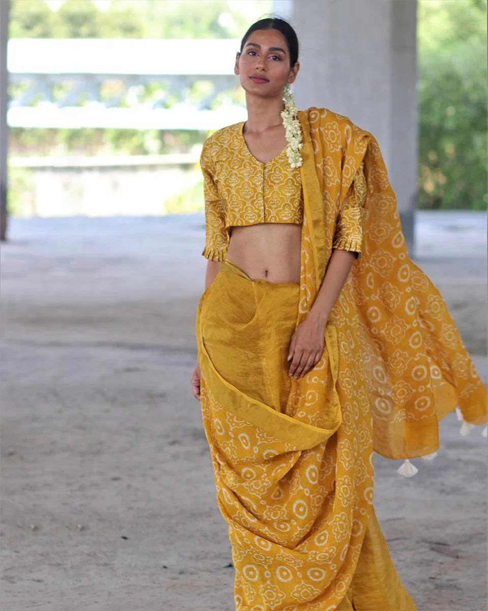 Yellow Block Printed Handwoven Linen Zari Saree - Anant