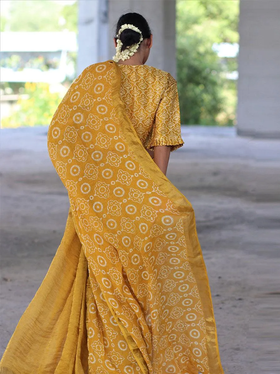 Yellow Block Printed Handwoven Linen Zari Saree - Anant