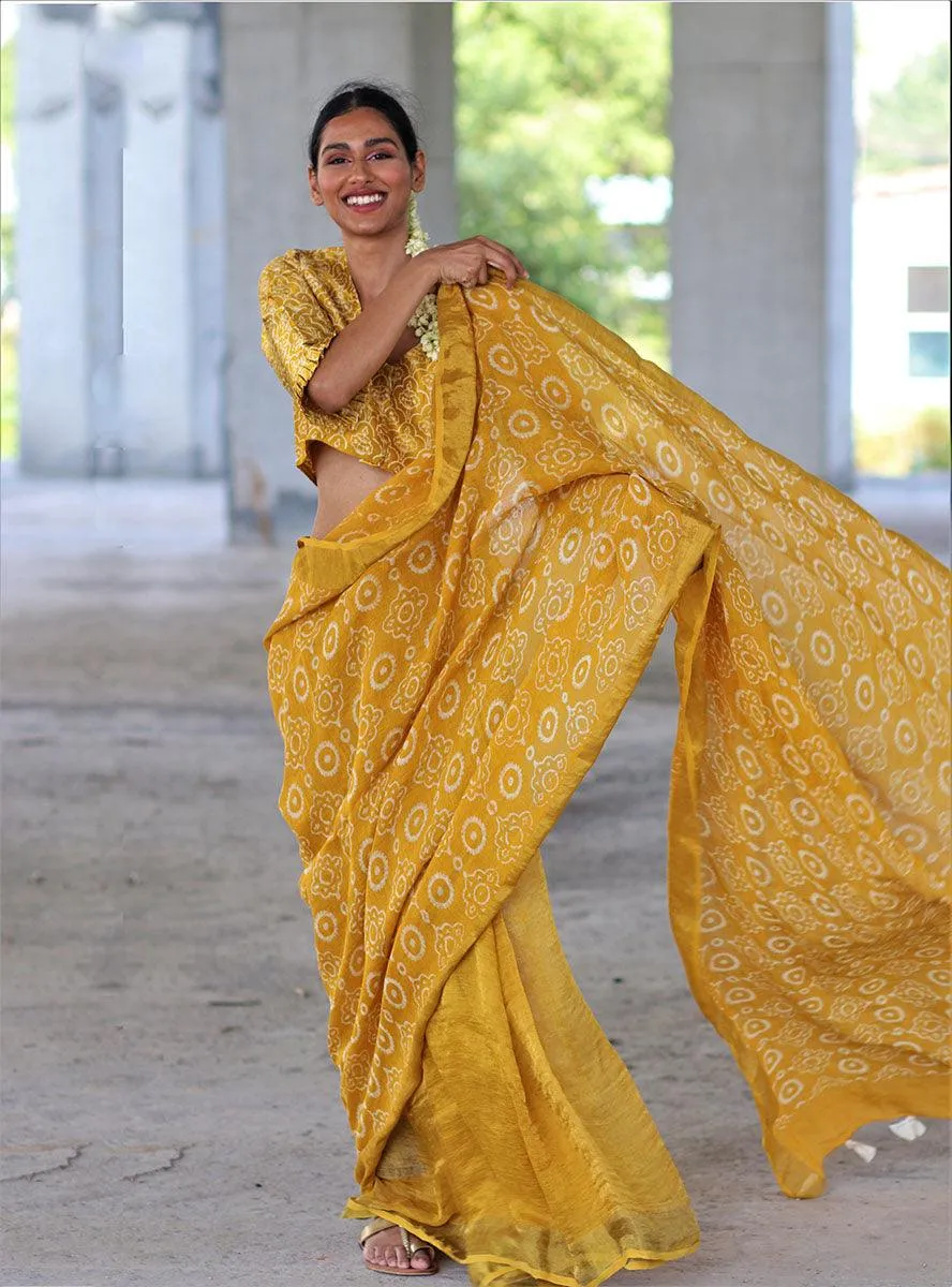 Yellow Block Printed Handwoven Linen Zari Saree - Anant