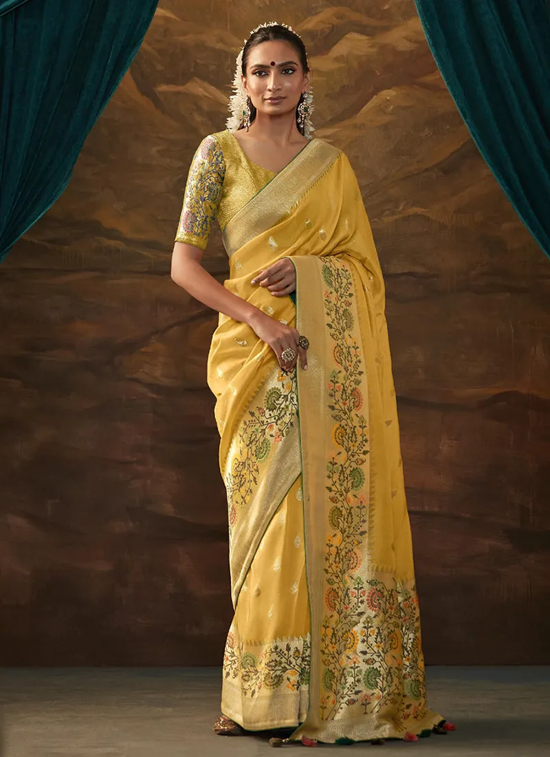 Yellow Multi Floral Paithani Banarasi Dola Silk Saree